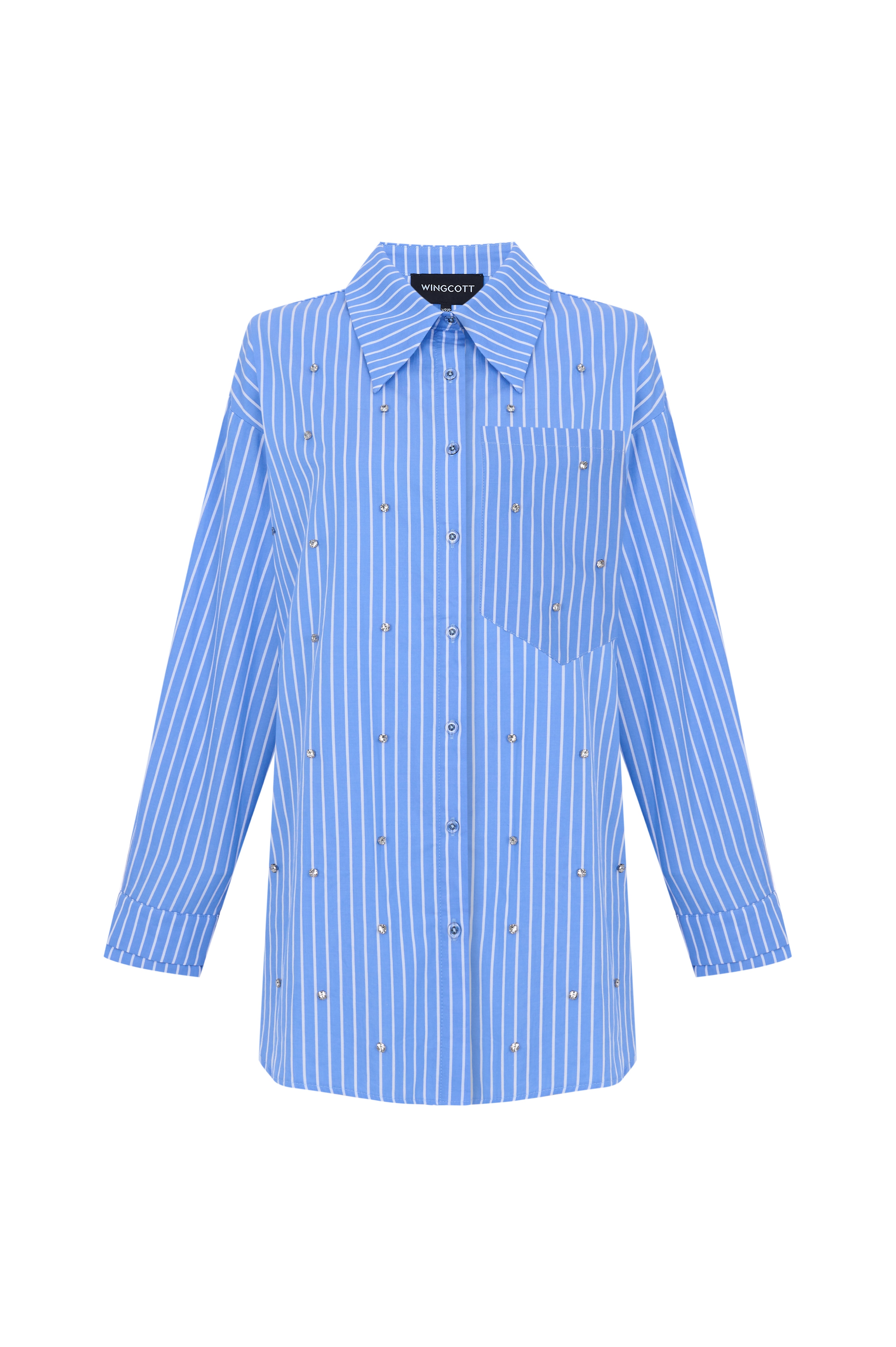 Navy Blue Striped Stone Embroidered Oversize Shirt
