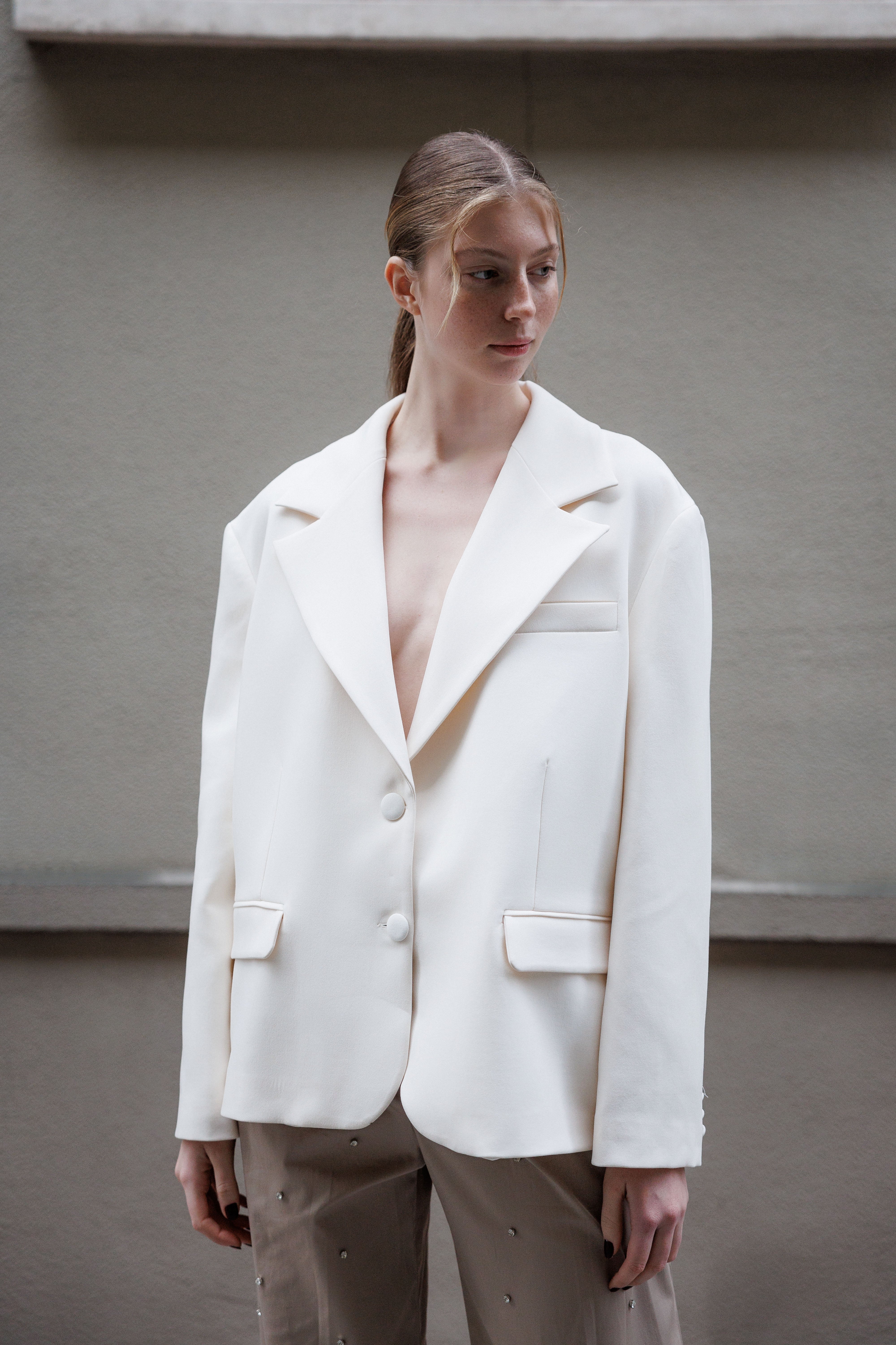 Ekru Cep Detaylı Oversize Blazer Ceket