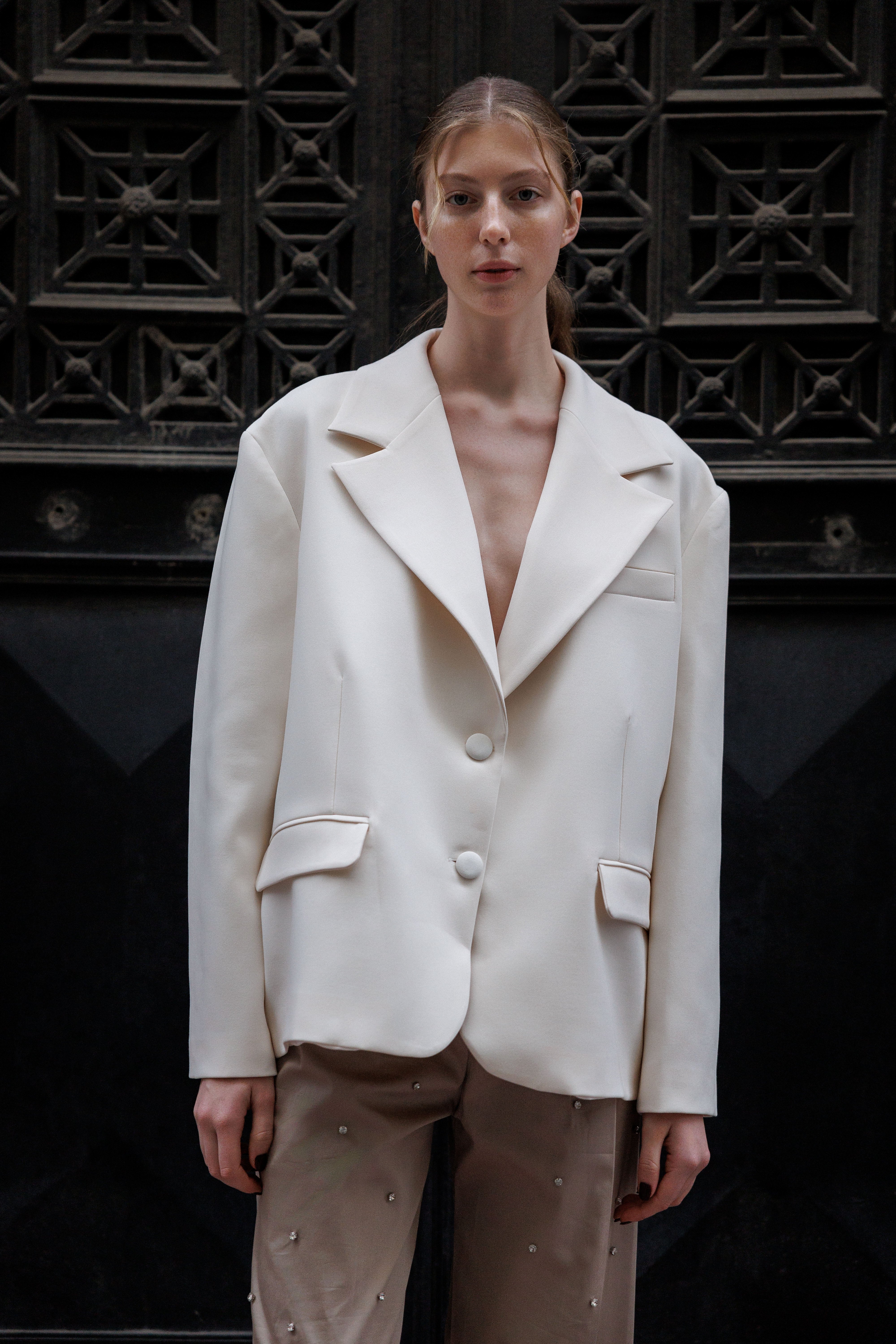 Ekru Cep Detaylı Oversize Blazer Ceket