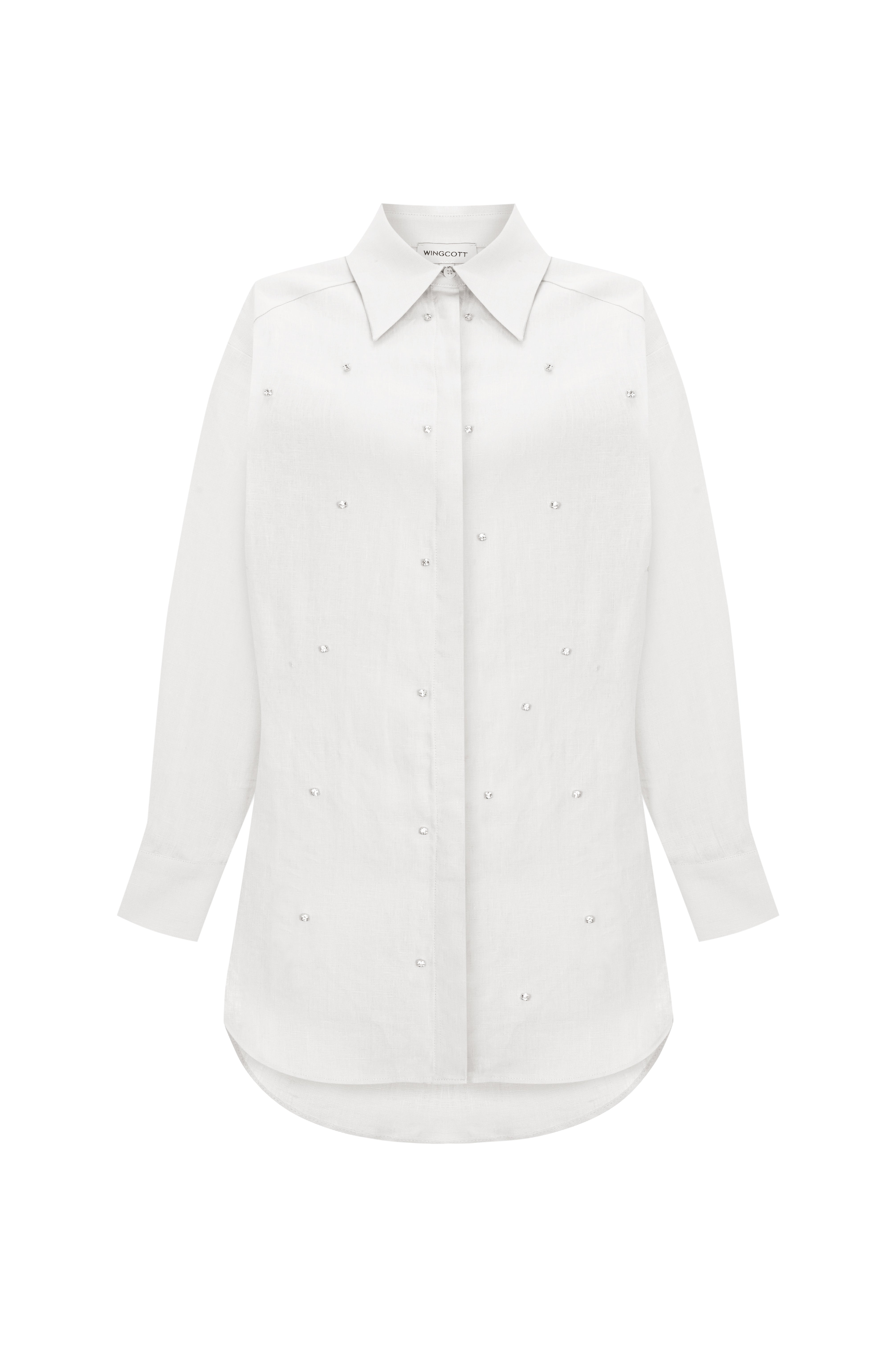 Bağlama Detaylı Taş İşlemeli Keten Gömlek