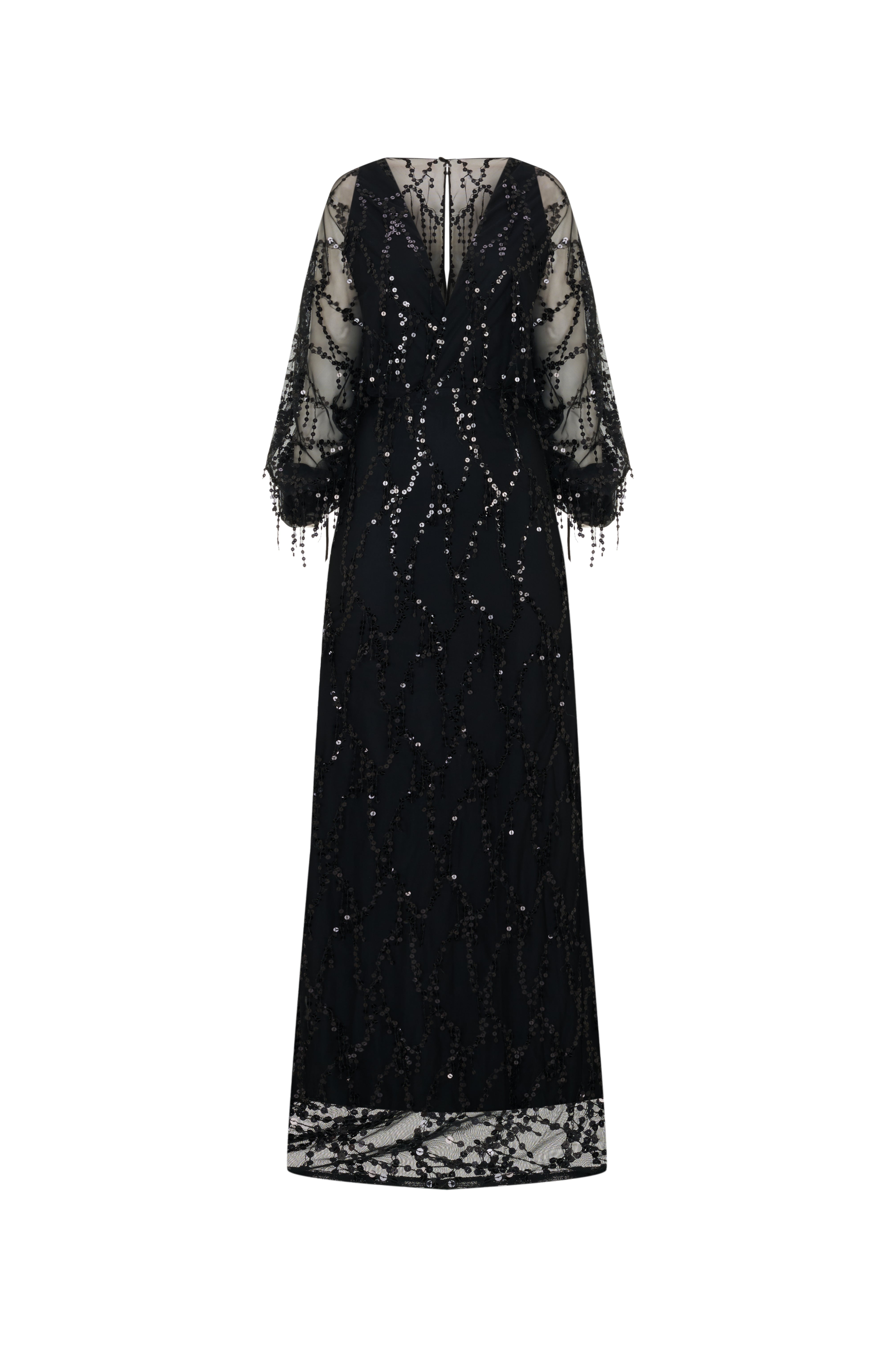 Siyah Payetli Sırt Dekolteli Gece Elbisesi