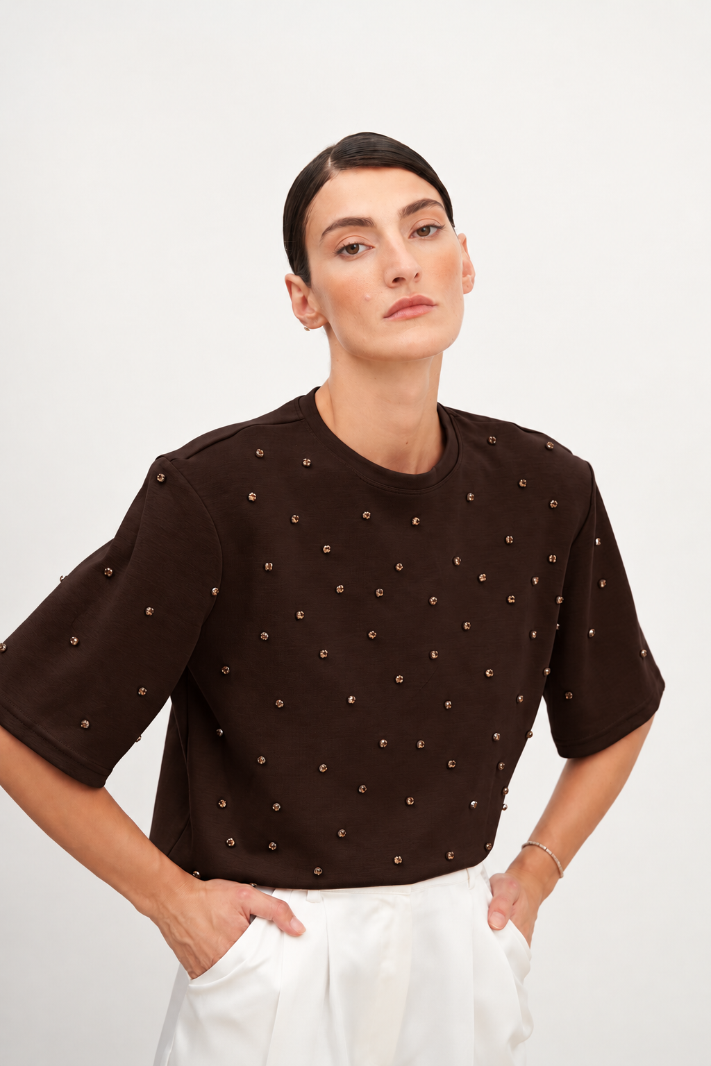 Bitter Brown Stone Embroidered Padded Half Sleeve T-Shirt