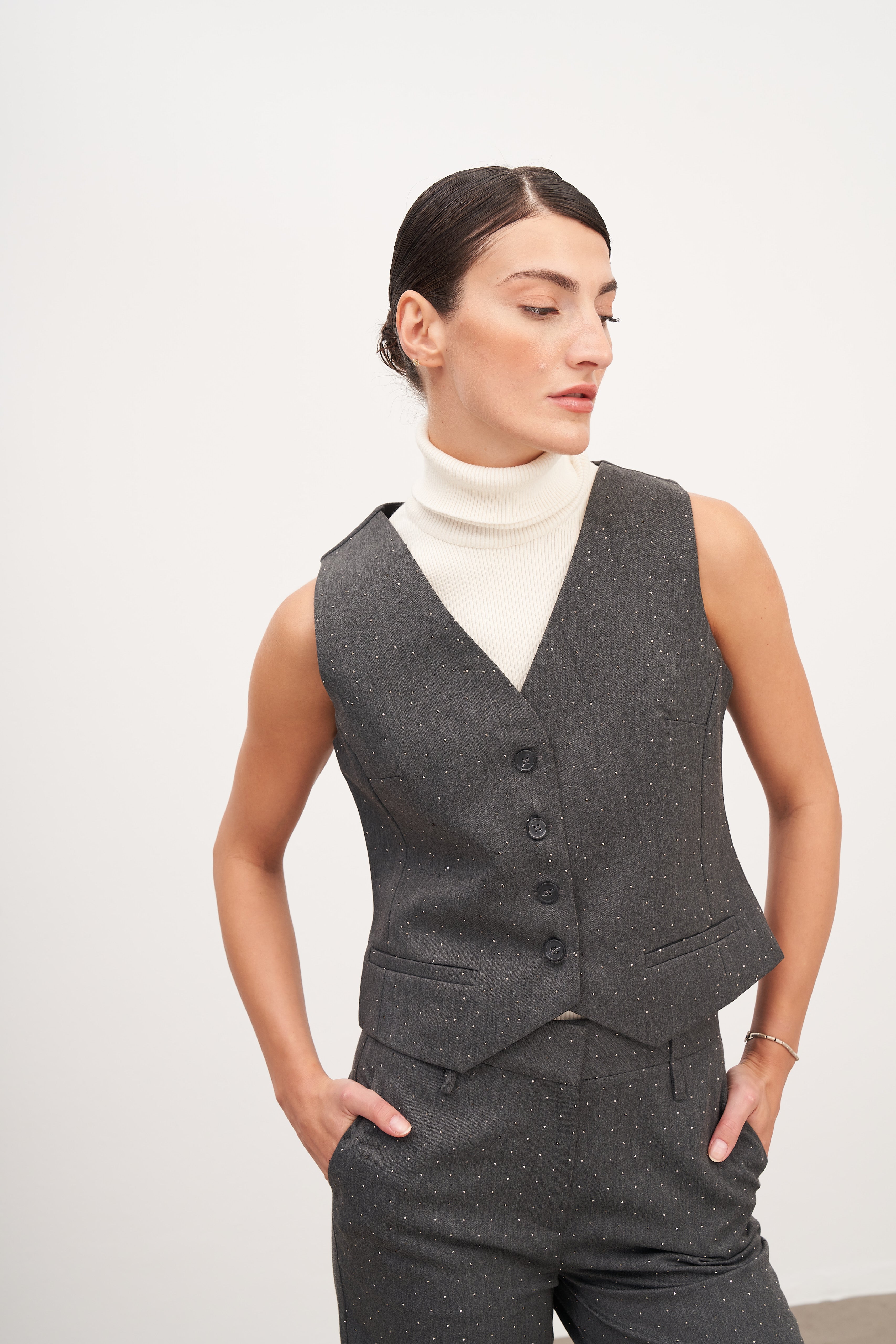 Füme Düğme Detaylı Hotfix Yelek