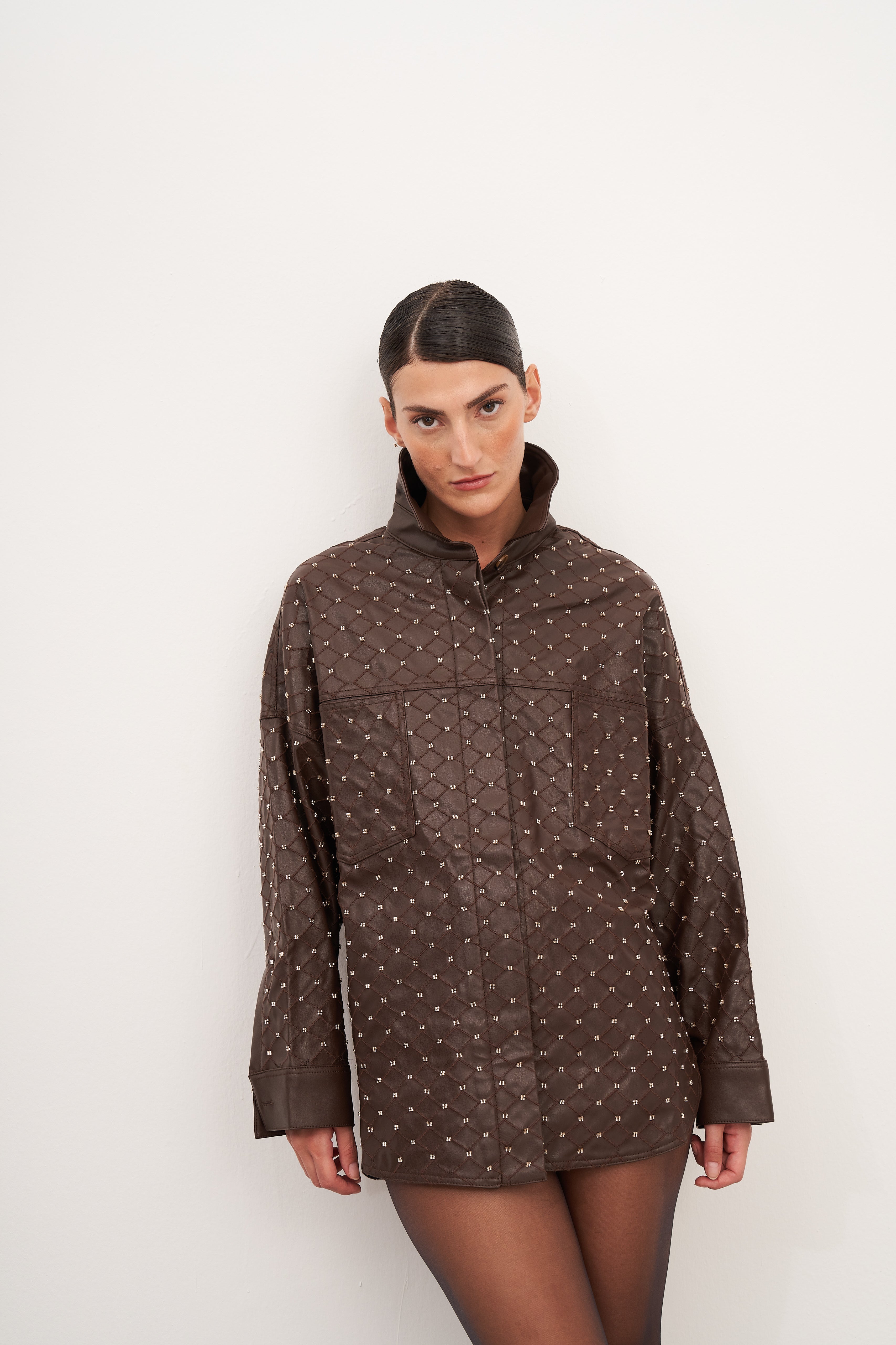 Acı Kahve Boncuk İşlemeli Oversize Gömlek Ceket