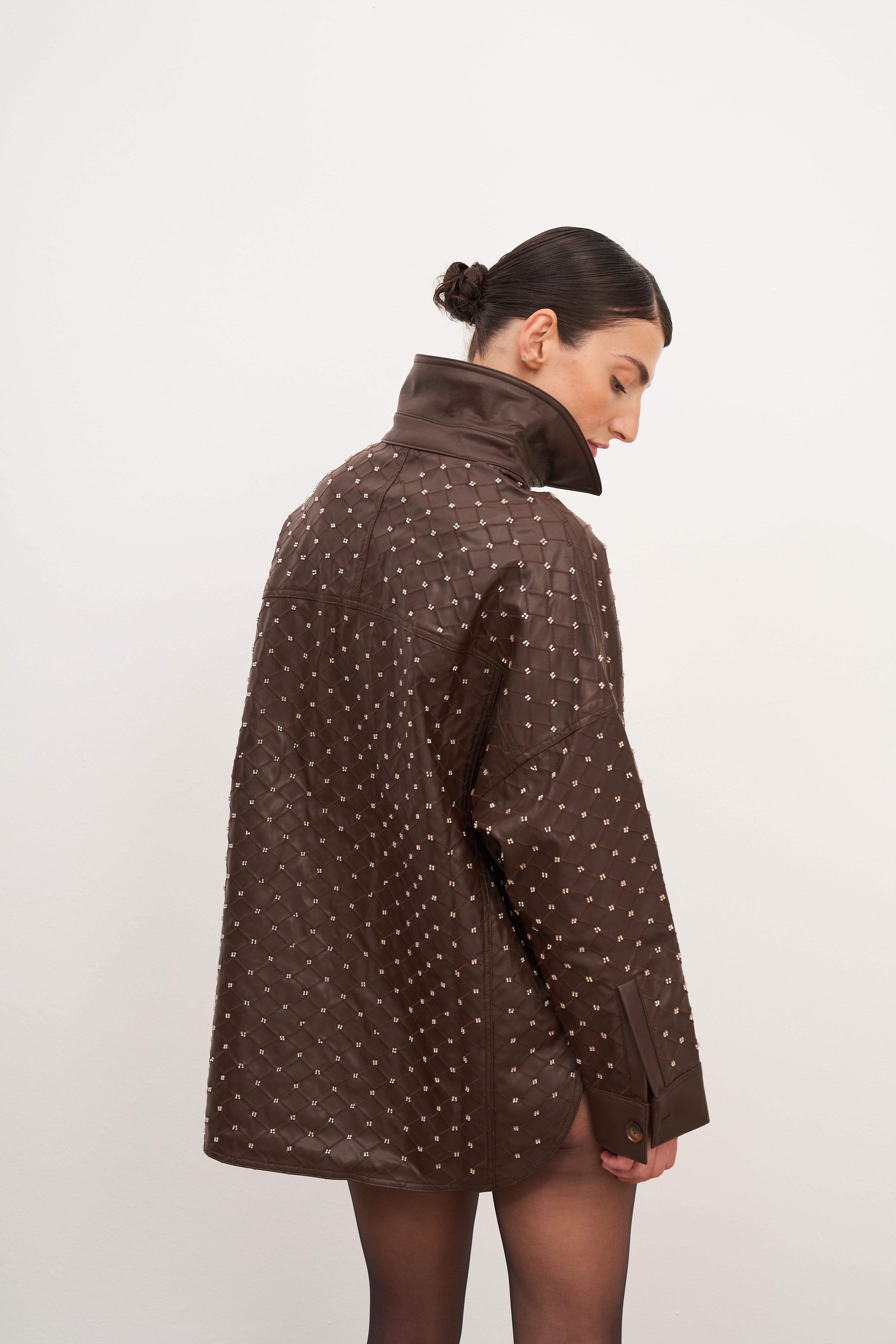 Acı Kahve Boncuk İşlemeli Oversize Gömlek Ceket