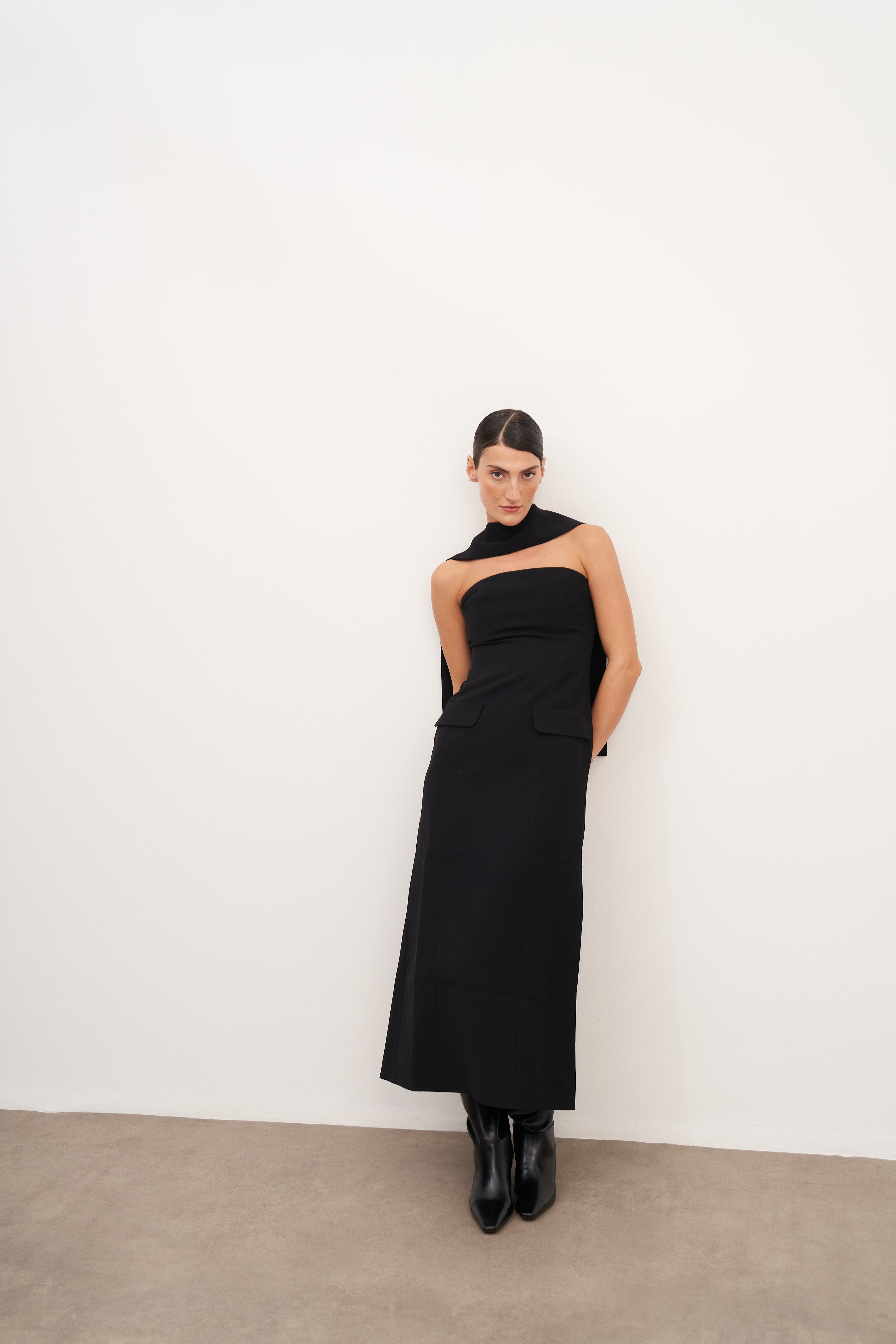 Cep Detaylı Maxi Krep Elbise