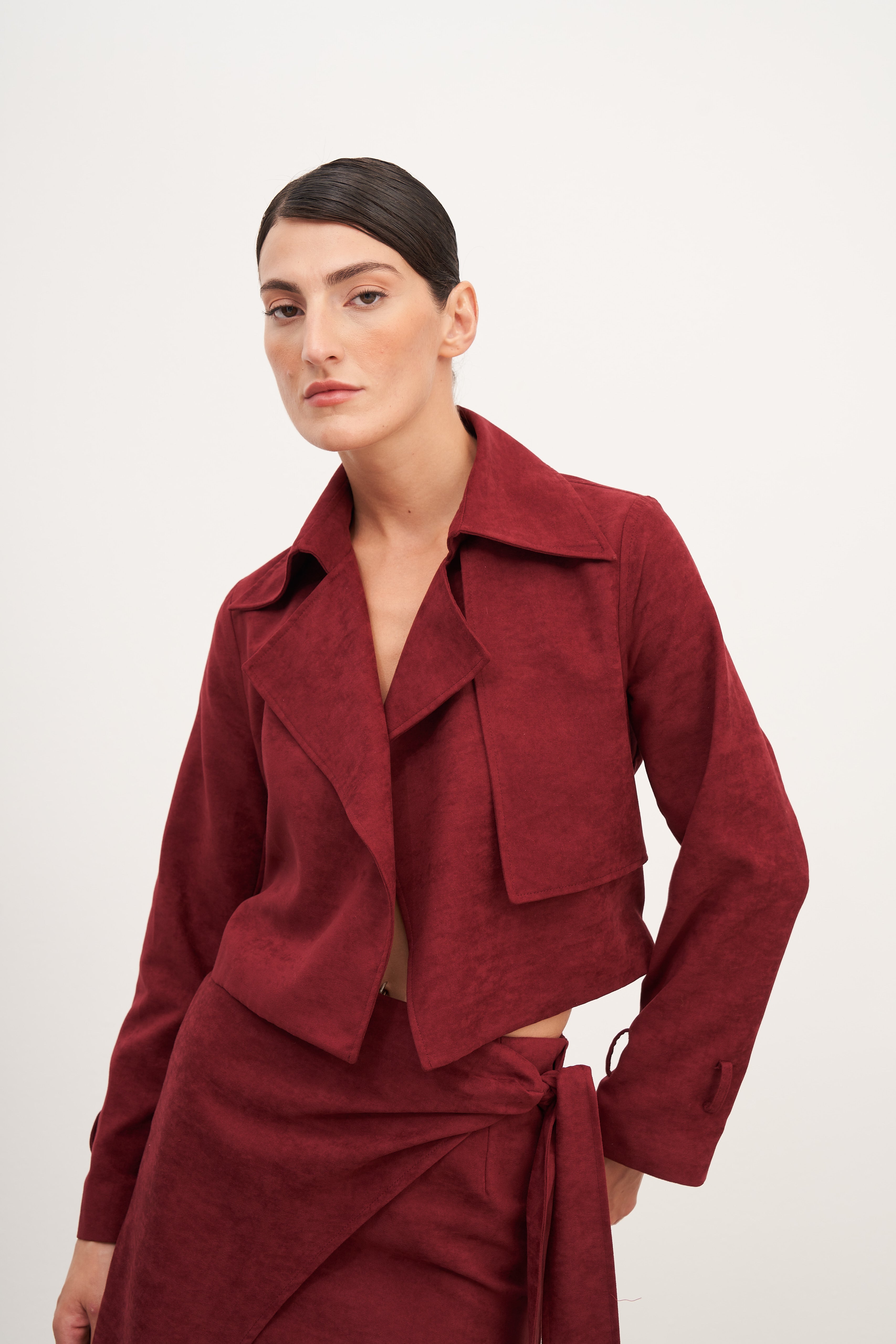 Bordo Süet Kemerli Kısa Ceket