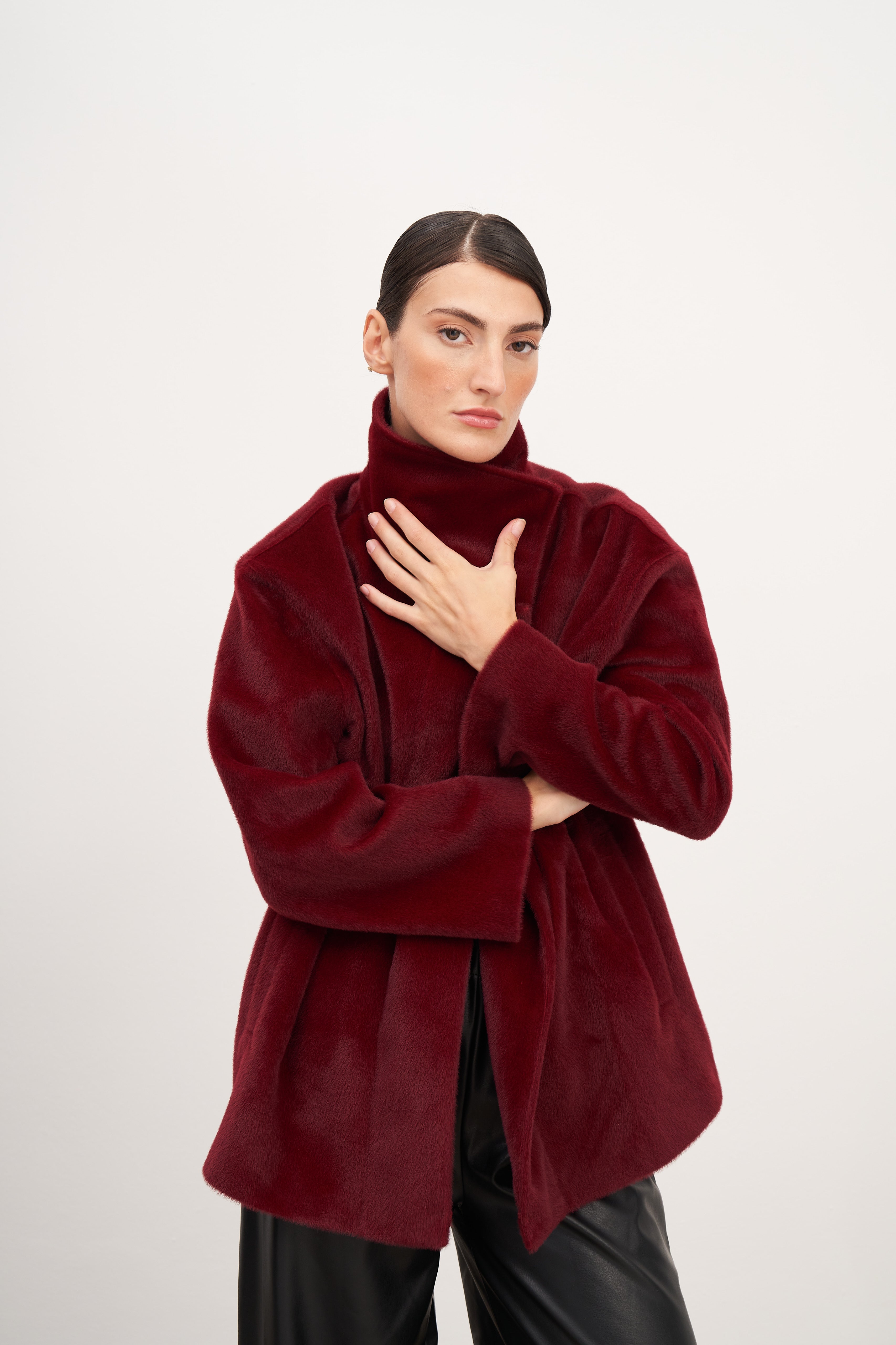 Bordo Alpaka Yüksek Yaka Kaban
