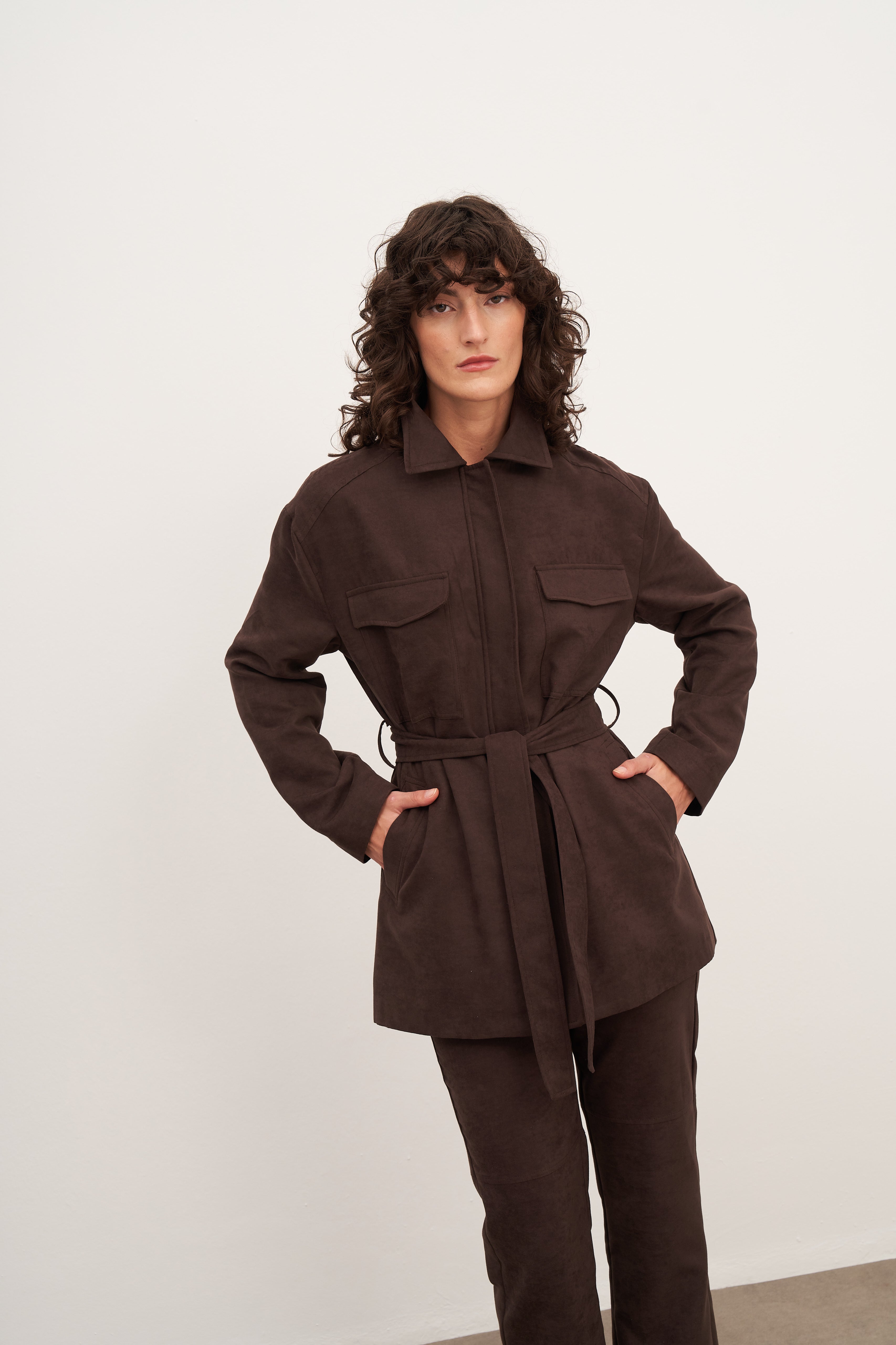 Acı Kahve Süet Kemerli ve Cep Detaylı Ceket