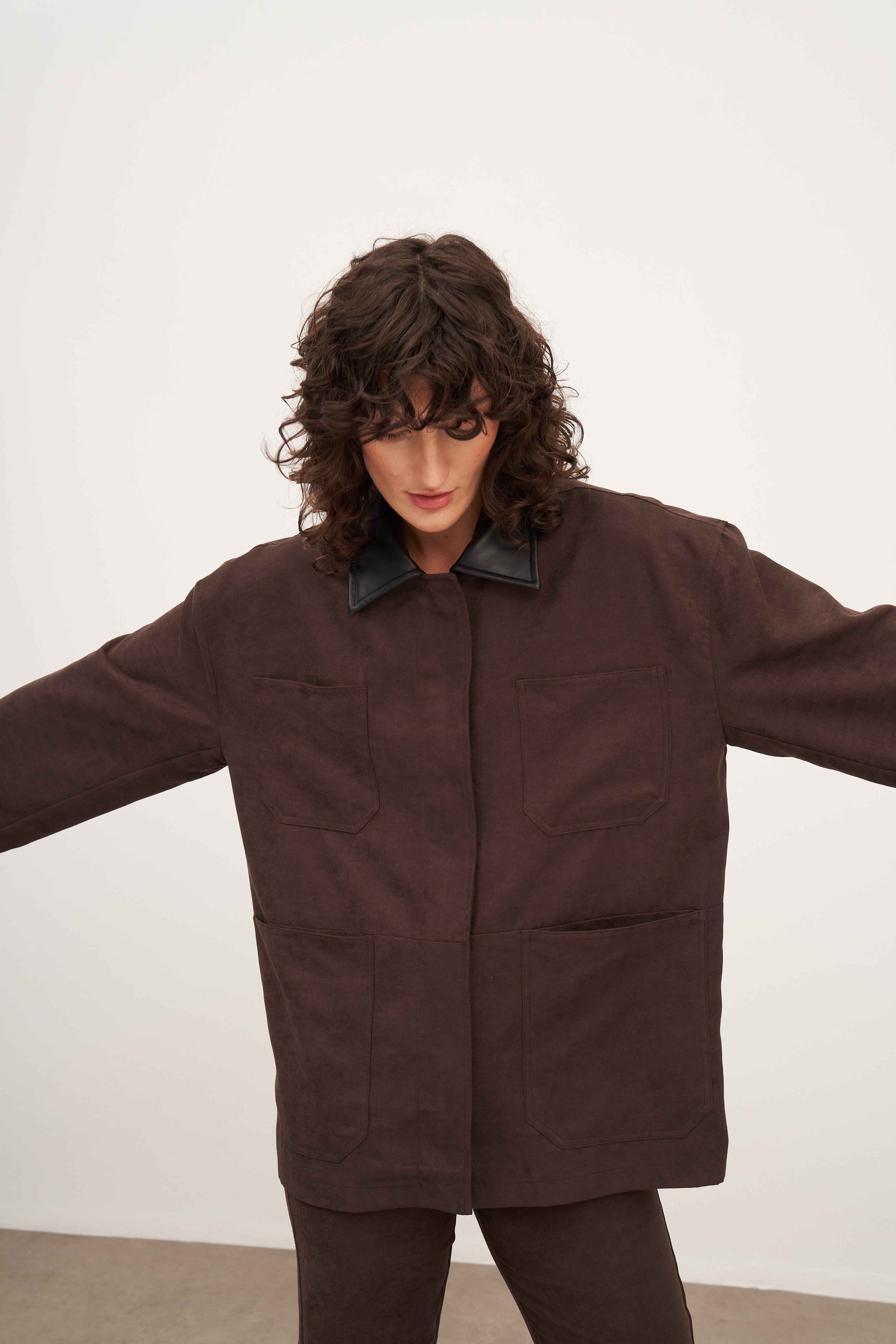 Acı Kahve Süet Deri ve Cep Detaylı Ceket