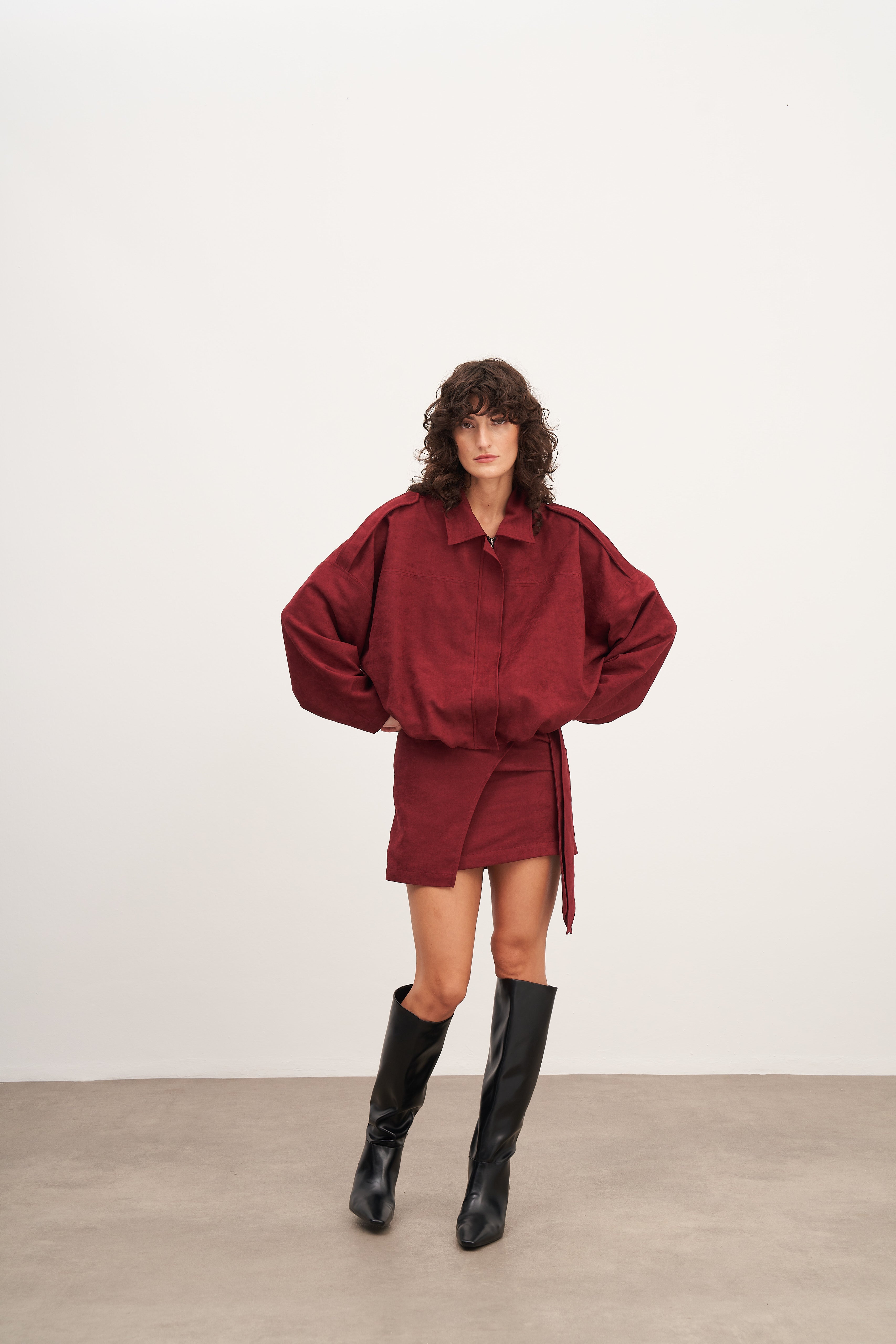 Bordo Süet Bağlamalı Mini Etek