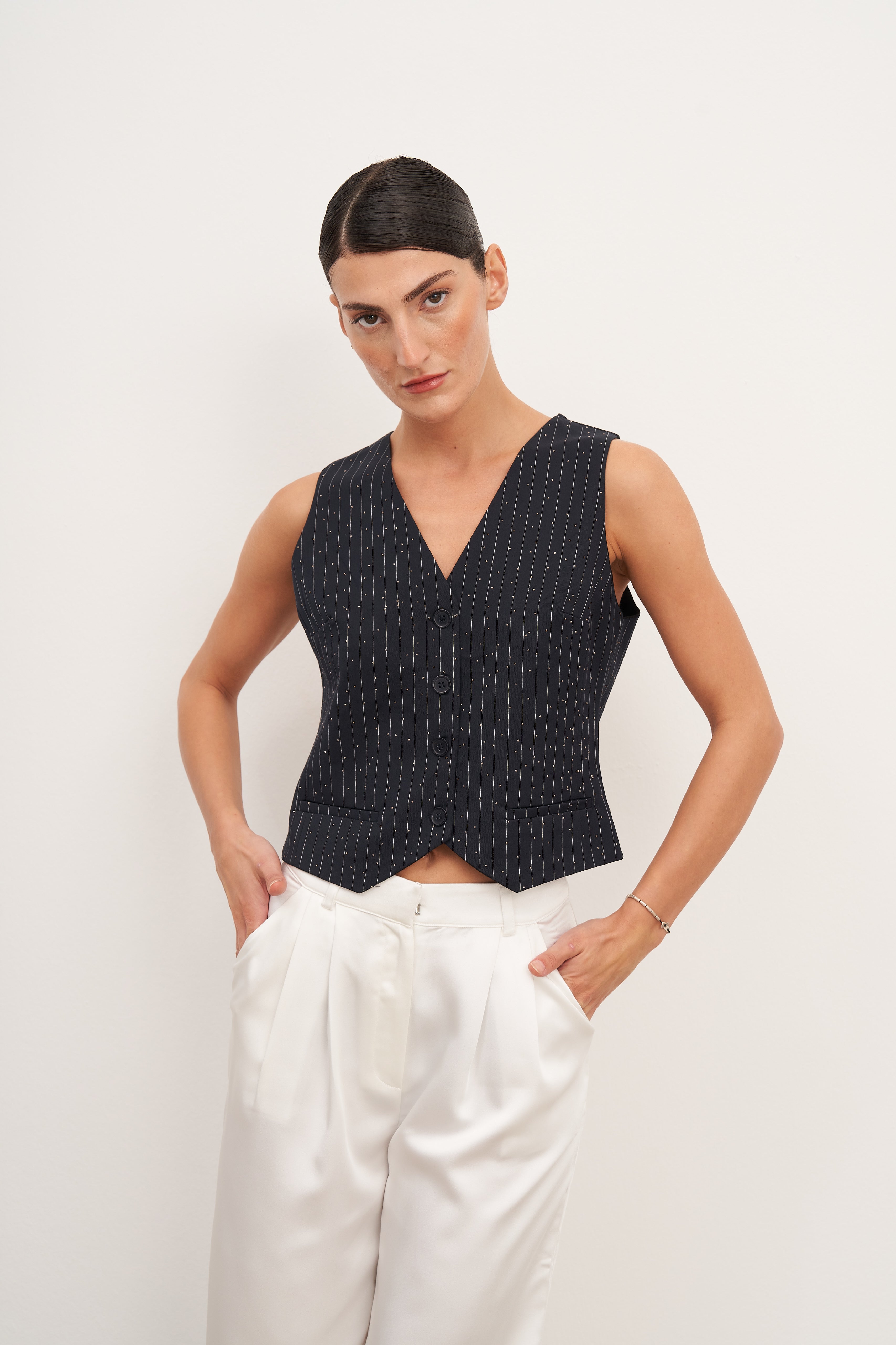 Lacivert Çizgili Hotfix Yelek