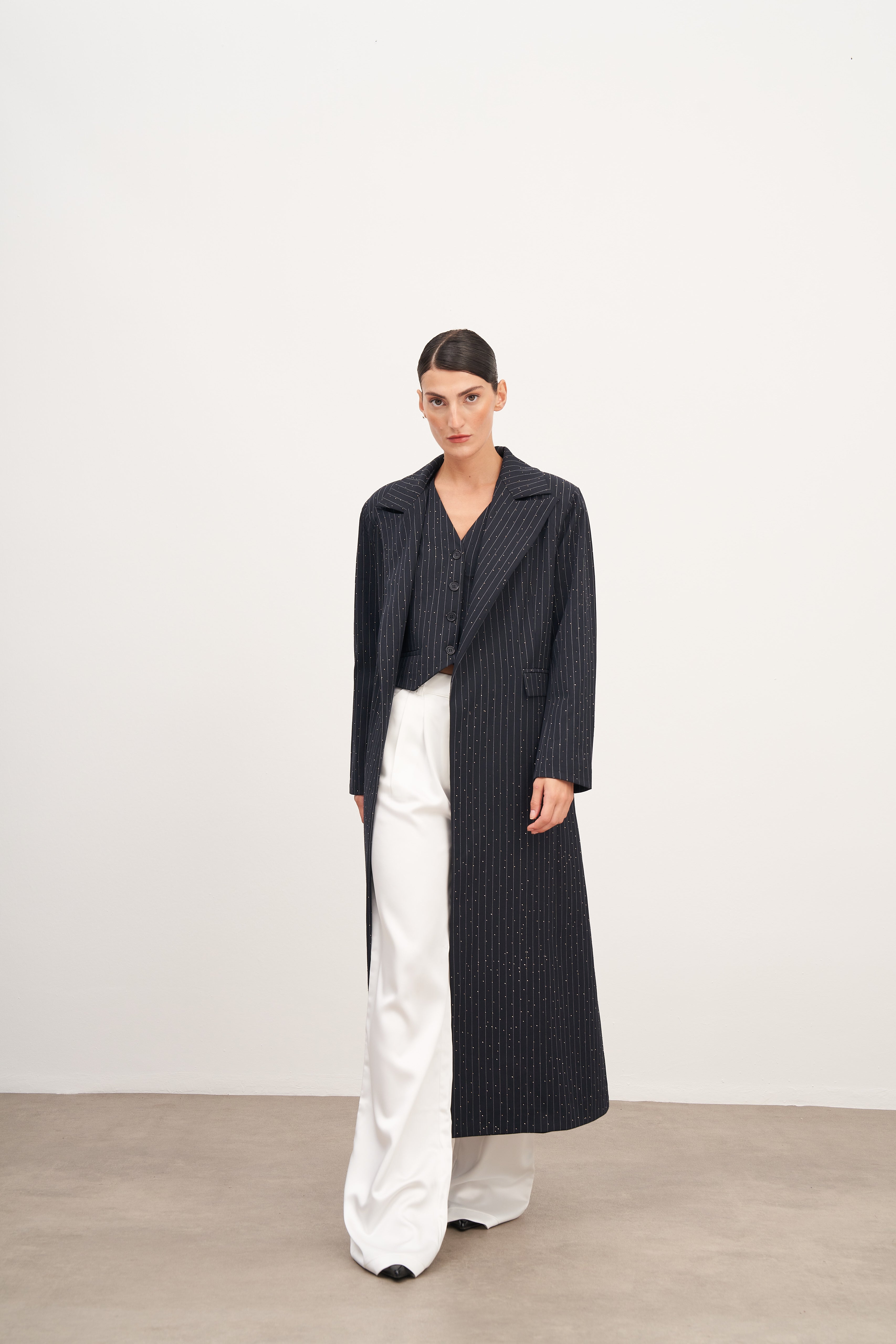 Lacivert Çizgili Hotfix Trençkot