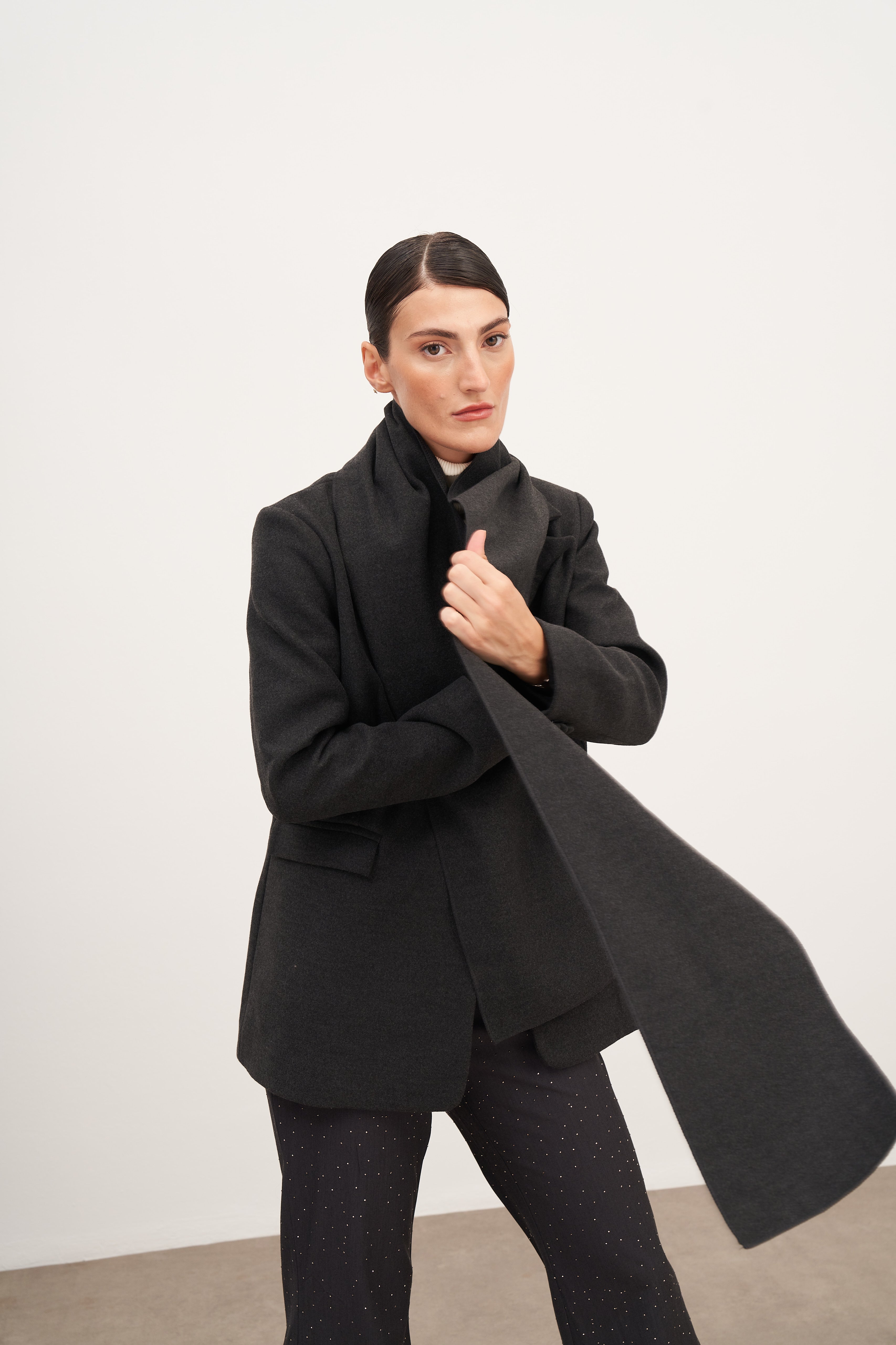 Füme Şal Detaylı Kaşe Blazer Ceket