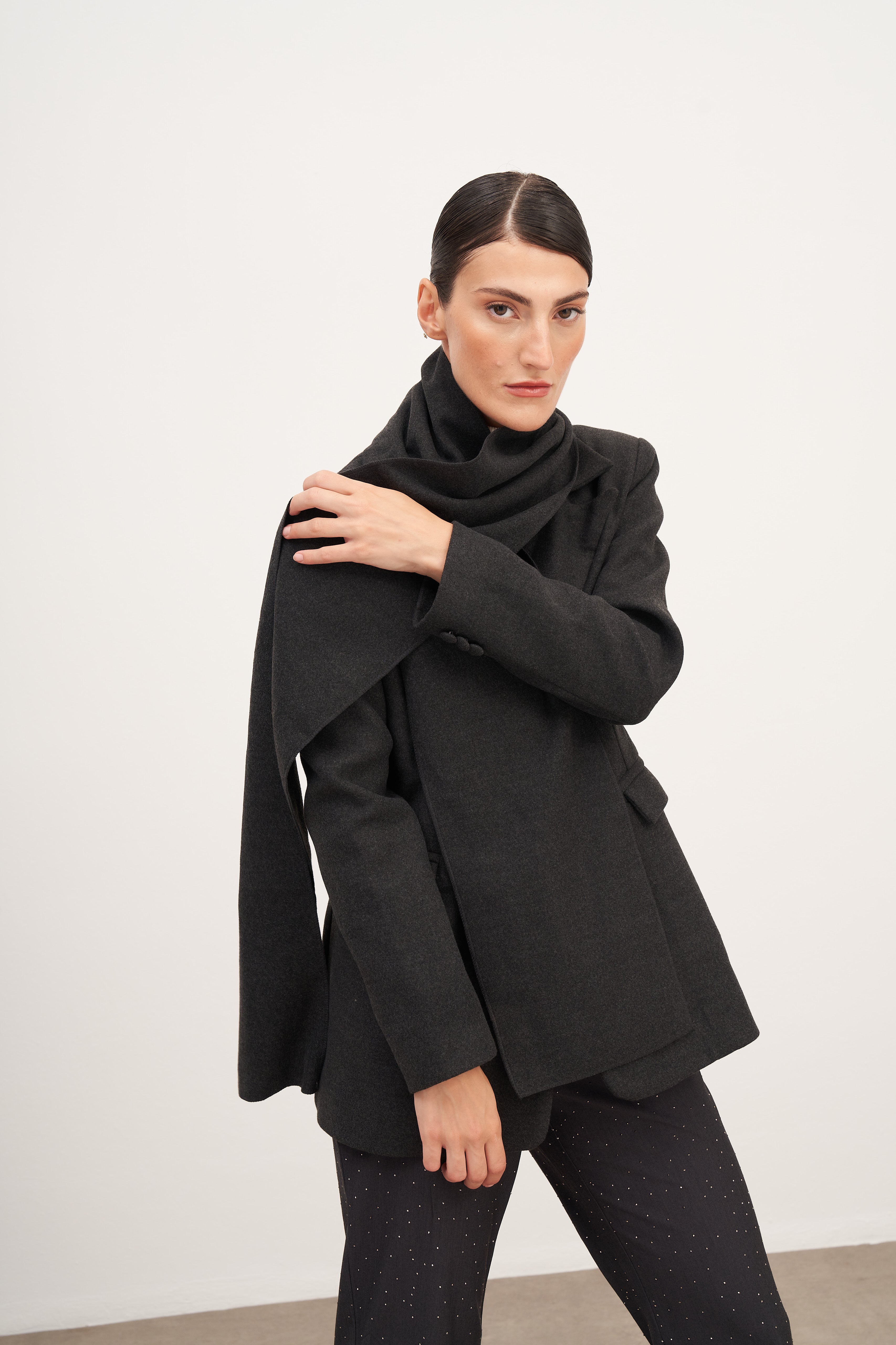 Füme Şal Detaylı Kaşe Blazer Ceket