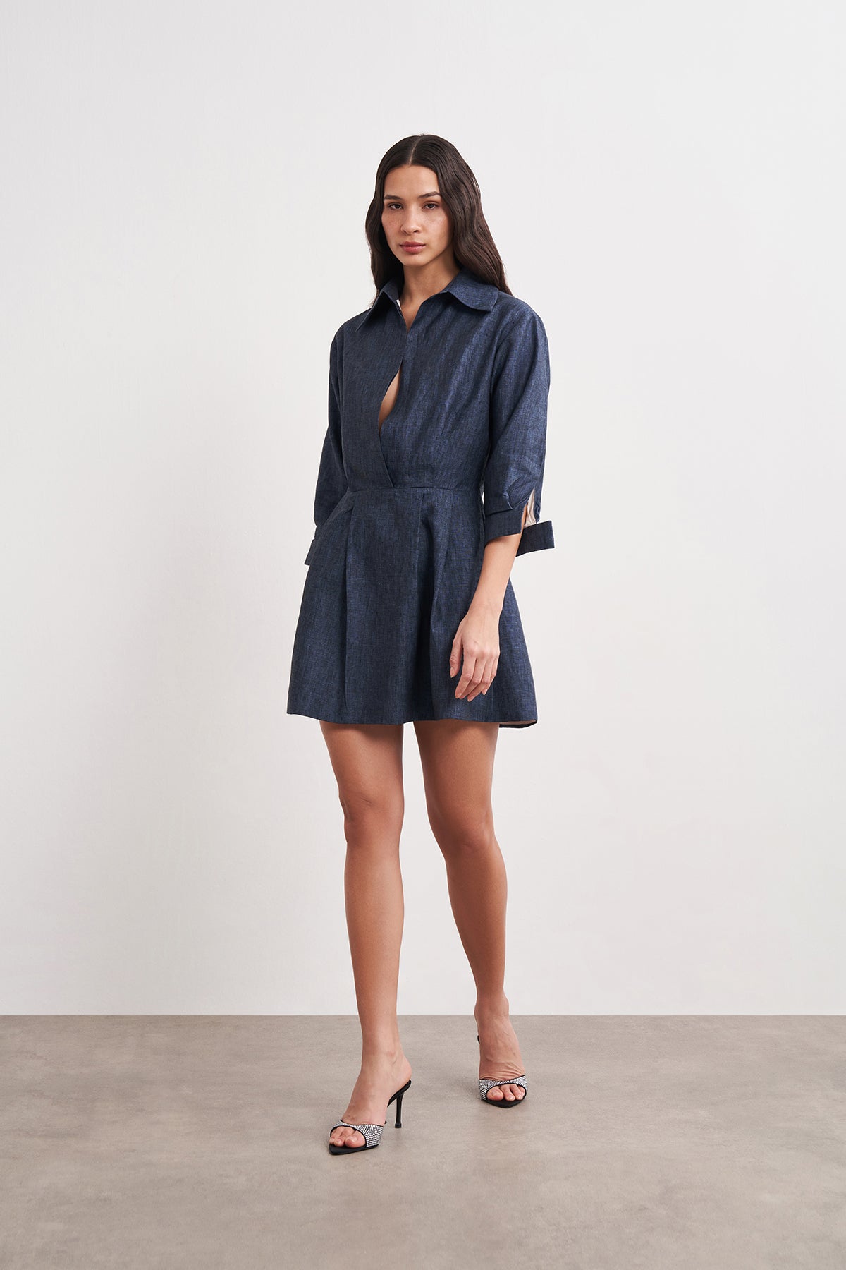 Pileli Gömlek Yaka Mini Elbise