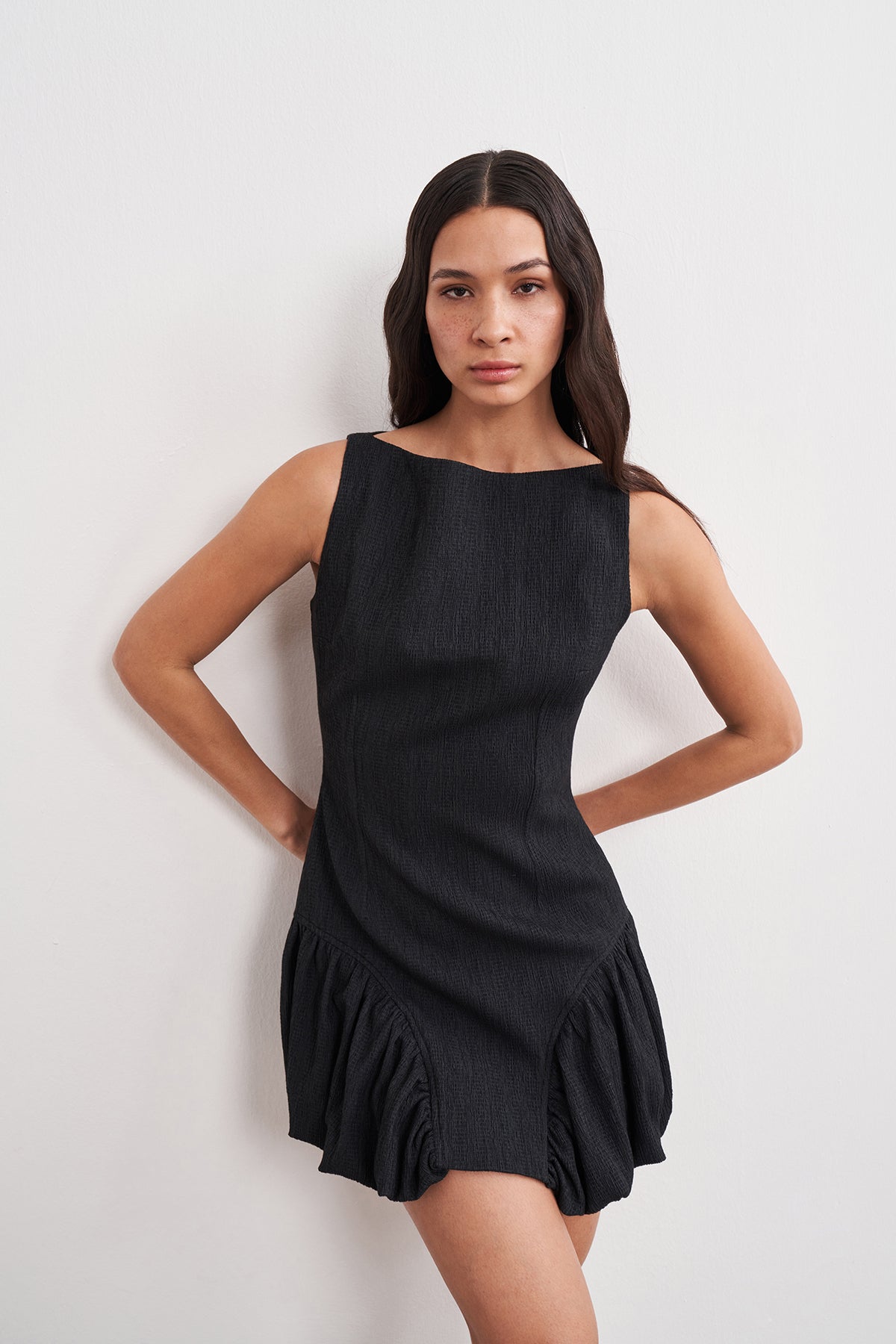 Balon Etek Kayık Yaka Mini Elbise